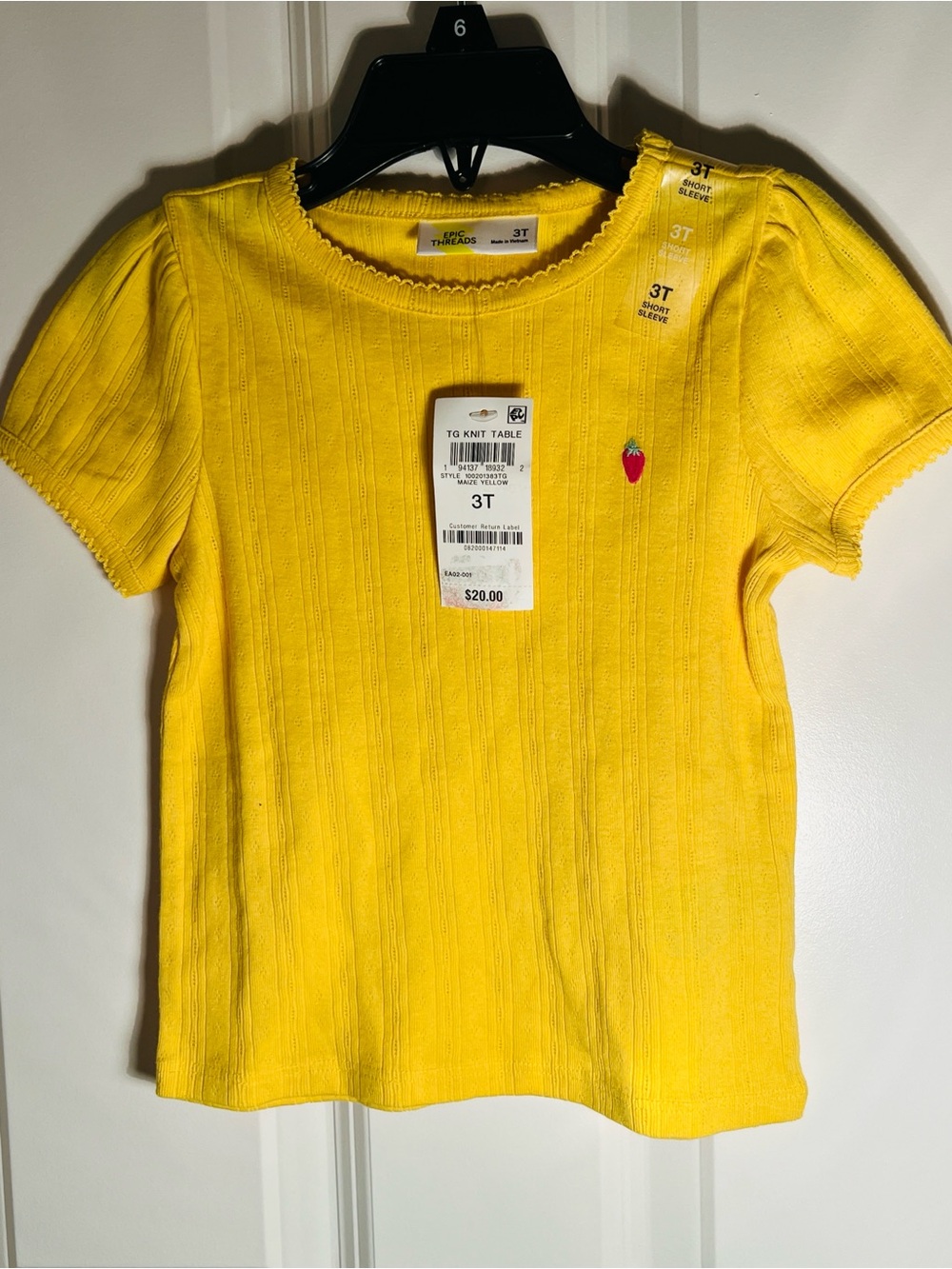 Epic Threads Maze Yellow Short Sleeve Ribbed Tee with Strawberry Detail New Tag
